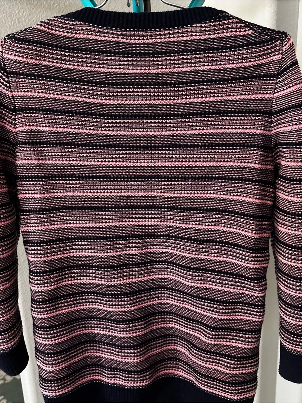 J. Crew Navy and Pink Striped Crewneck Sweater
